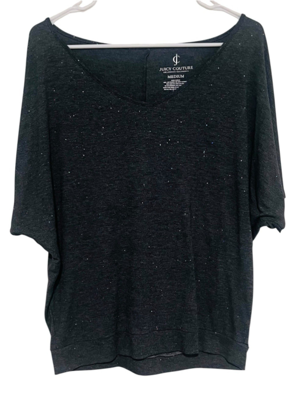 Juicy Couture Glitter Dolman Top Women’s Medium Gray V-Neck Sparkle Tee